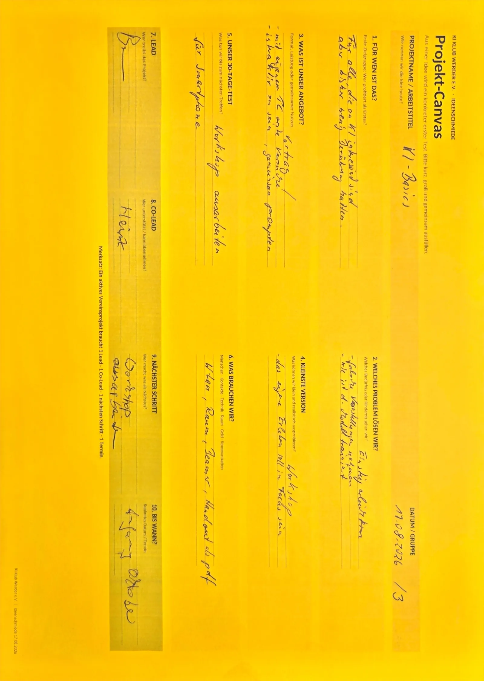 Ein ausgefüllter gelber Projekt-Canvas mit dem handschriftlichen Titel "KI-Basics".