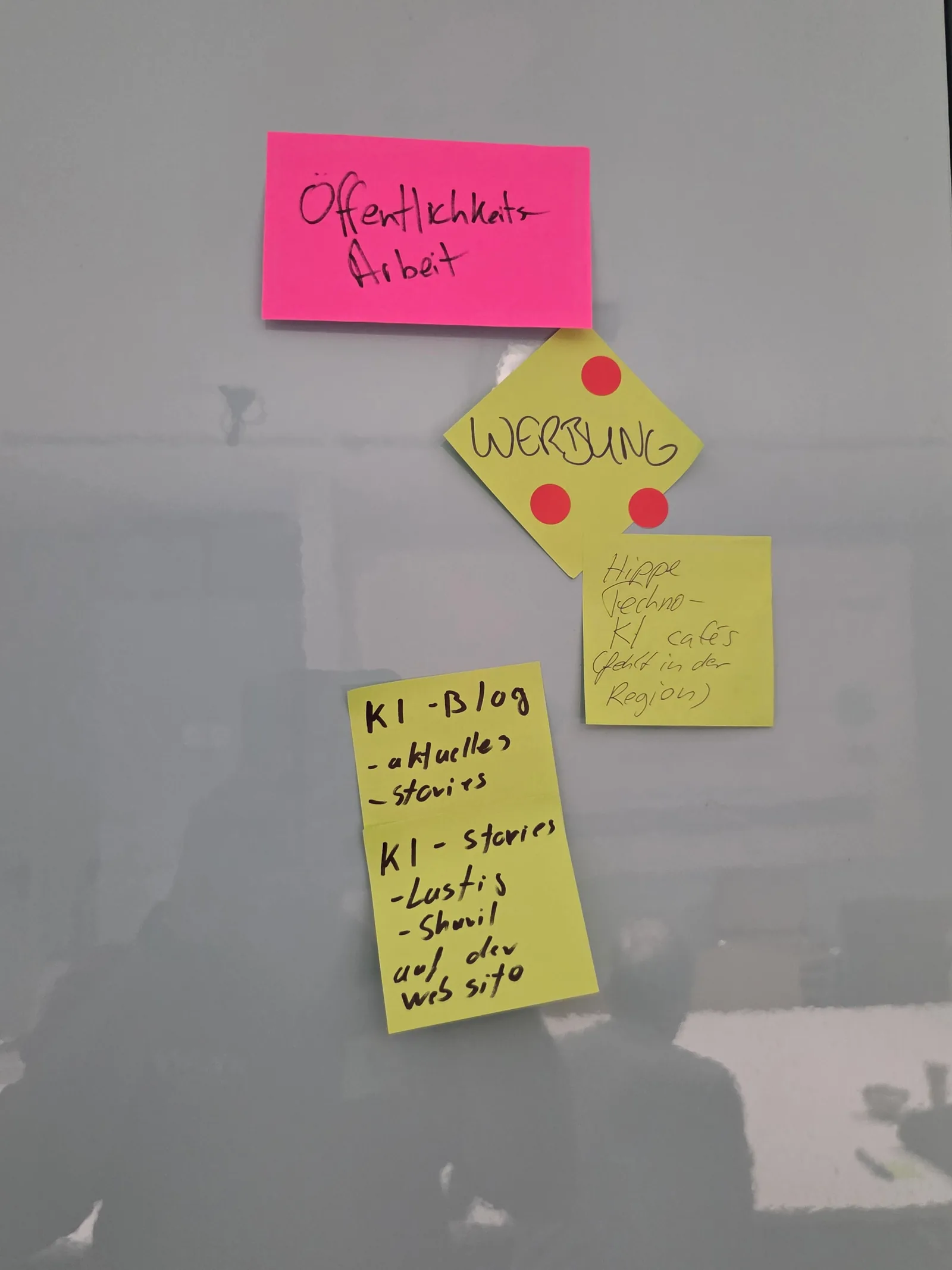 Nahaufnahme von Klebezetteln zum Cluster Öffentlichkeitsarbeit mit den Stichworten Werbung, KI-Blog und KI-Stories.