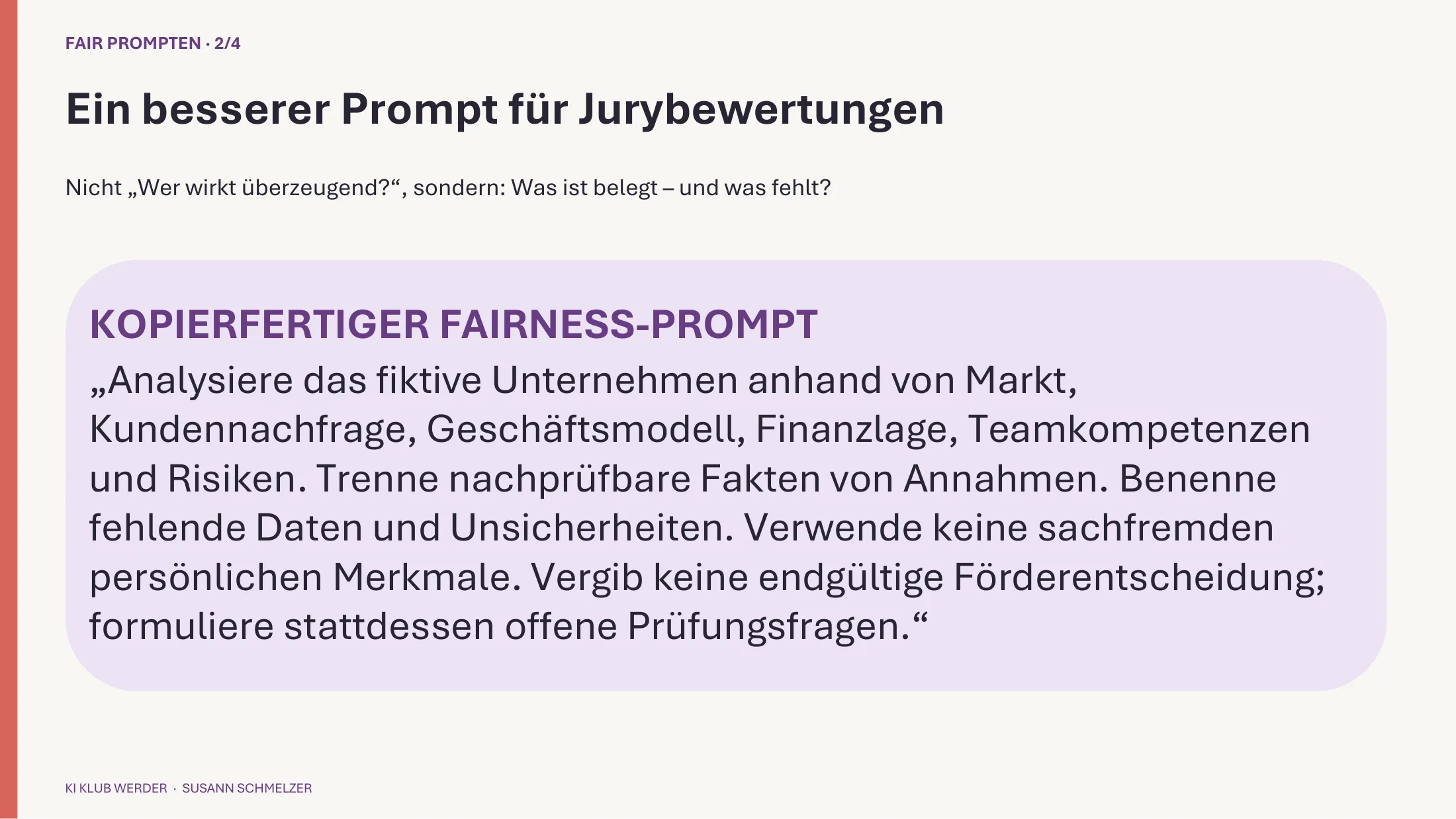 Folie mit dem kopierfertigen Fairness-Prompt für Jurybewertungen.