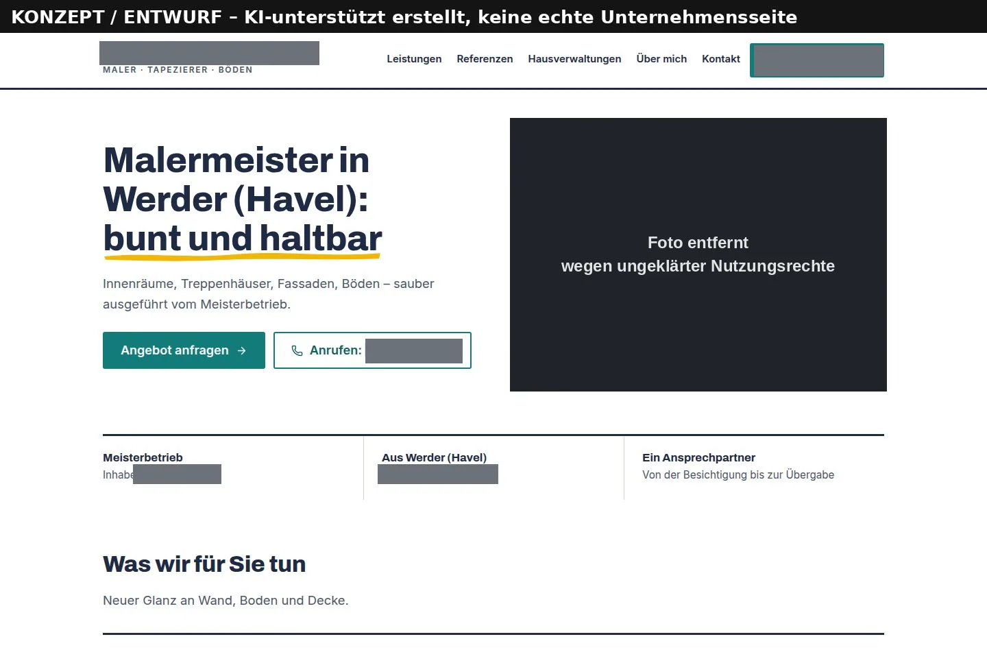 Konzeptentwurf einer Webseite für einen Malerbetrieb: Überschrift „Malermeister in Werder (Havel): bunt und haltbar“, daneben eine schwarze Fläche anstelle des Fotos, beschriftet mit „Foto entfernt wegen ungeklärter Nutzungsrechte“.