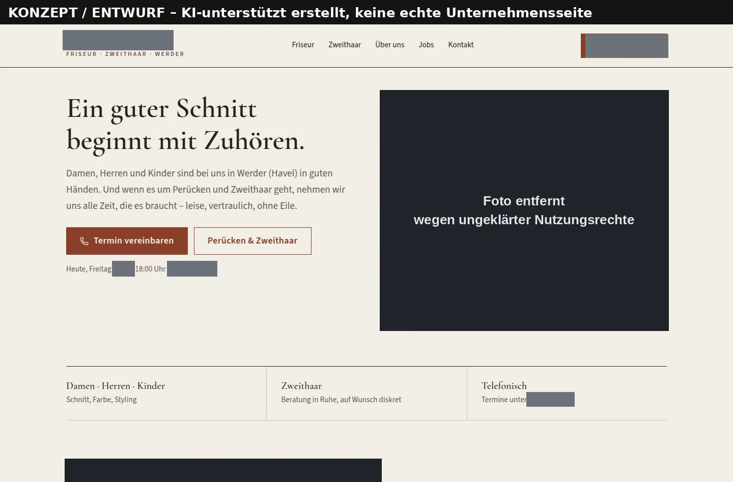 Konzeptentwurf einer Webseite für einen Friseursalon: Überschrift „Ein guter Schnitt beginnt mit Zuhören“, daneben eine schwarze Fläche anstelle des Fotos, beschriftet mit „Foto entfernt wegen ungeklärter Nutzungsrechte“.