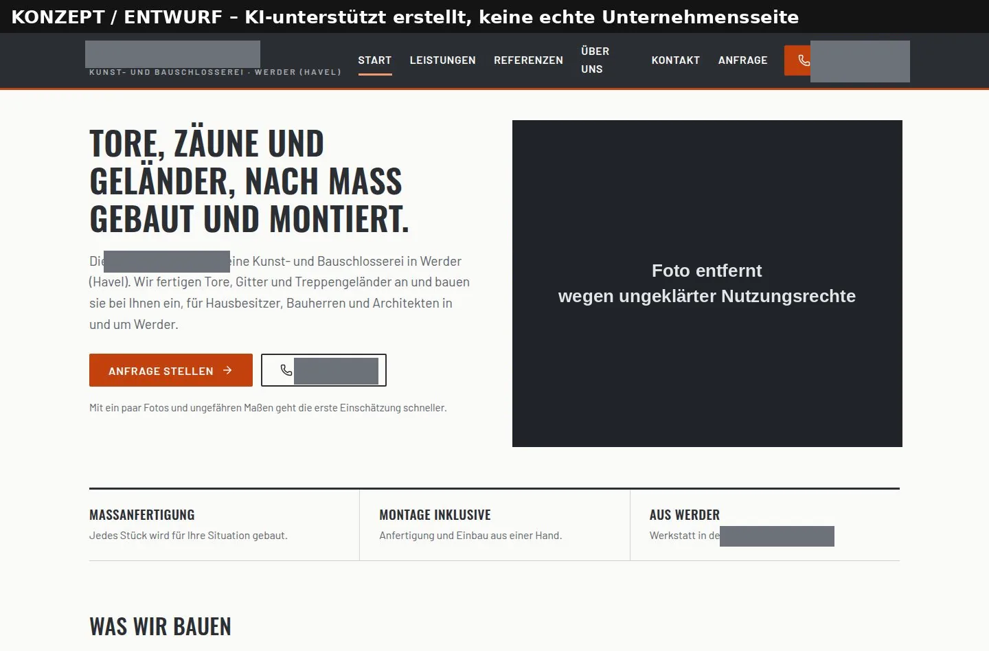 Konzeptentwurf einer Webseite für eine Schlosserei: Überschrift „Tore, Zäune und Geländer, nach Maß gebaut und montiert“, daneben eine schwarze Fläche anstelle des Fotos, beschriftet mit „Foto entfernt wegen ungeklärter Nutzungsrechte“.